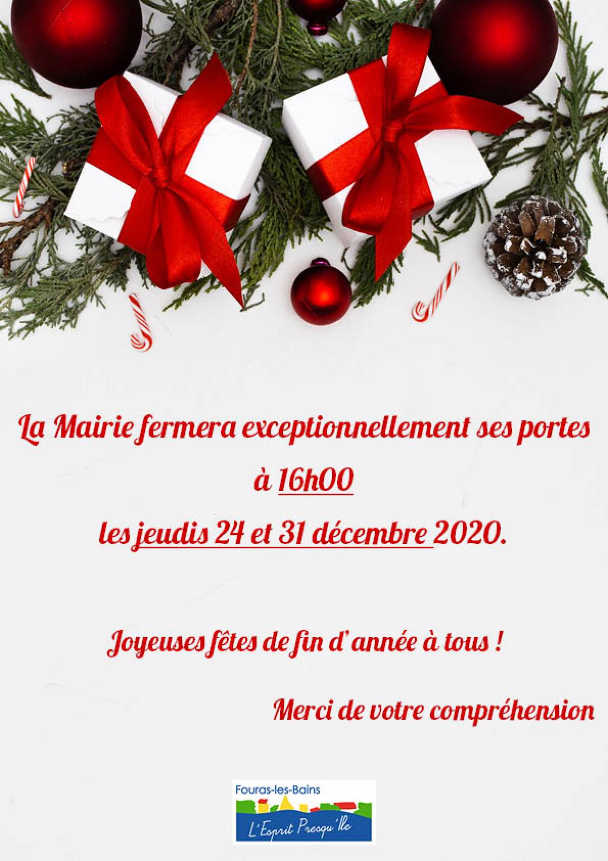 FERMETURE EXCEPTIONNELLE DE LA MAIRIE À 16h - JEUDIS 25 DÉCEMBRE 2020 ET 1er JANVIER 2021