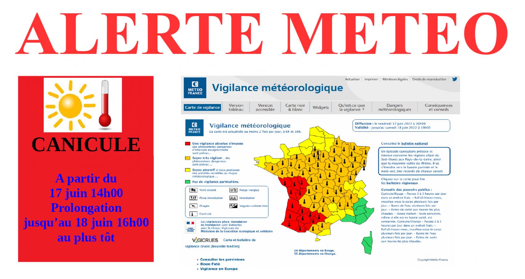 ALERTE MÉTÉO - VIGILANCE ROUGE, CANICULE - À partir du vendredi 17 juin à 14h00 - Prolongation jusqu’au 18 juin 16h00 au plus tôt