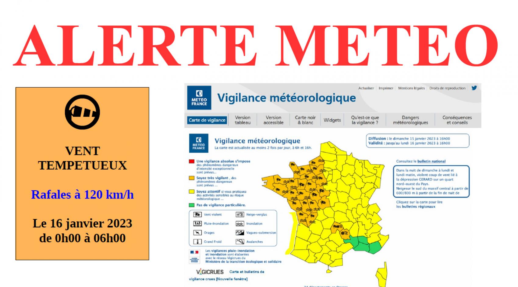 ALERTE MÉTÉO - VIGILANCE ORANGE - VENTS TEMPÉTUEUX - Le 16 janvier 2023 2023 de 0h00 à 06h00.