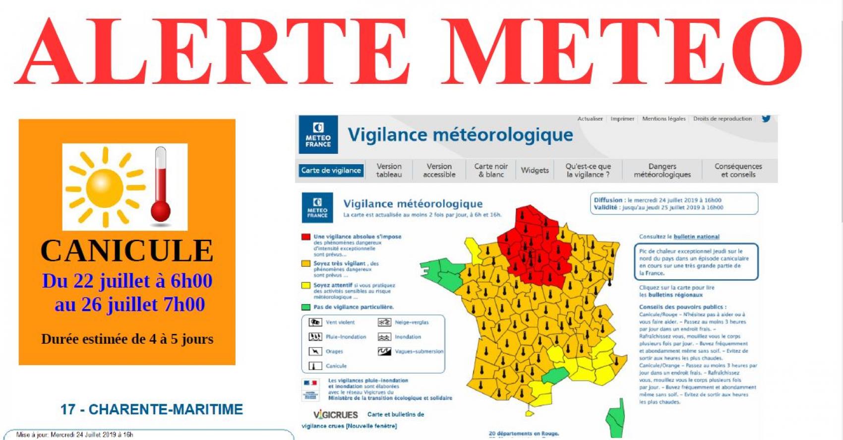 ALERTE CANICULE PROLONGÉE - Du 22 juillet à 6h00 au 26 juillet 2019 à 7h00 (Prolongation possible)