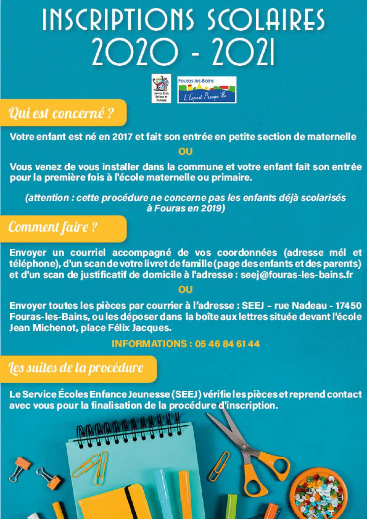 PROCÉDURE D'INSCRIPTION SCOLAIRE - 2020-2021