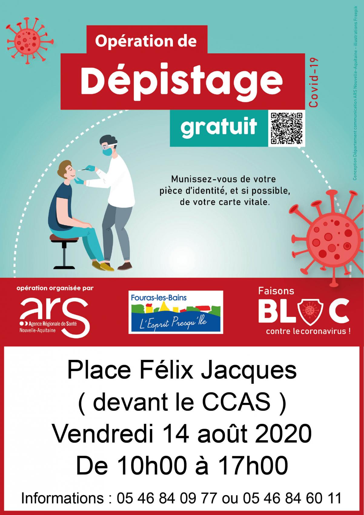 OPÉRATION DE DÉPISTAGE DE LA COVID-19 - VENDREDI 14 AOUT - DE 10H À 17H - PLACE FÉLIX JACQUES