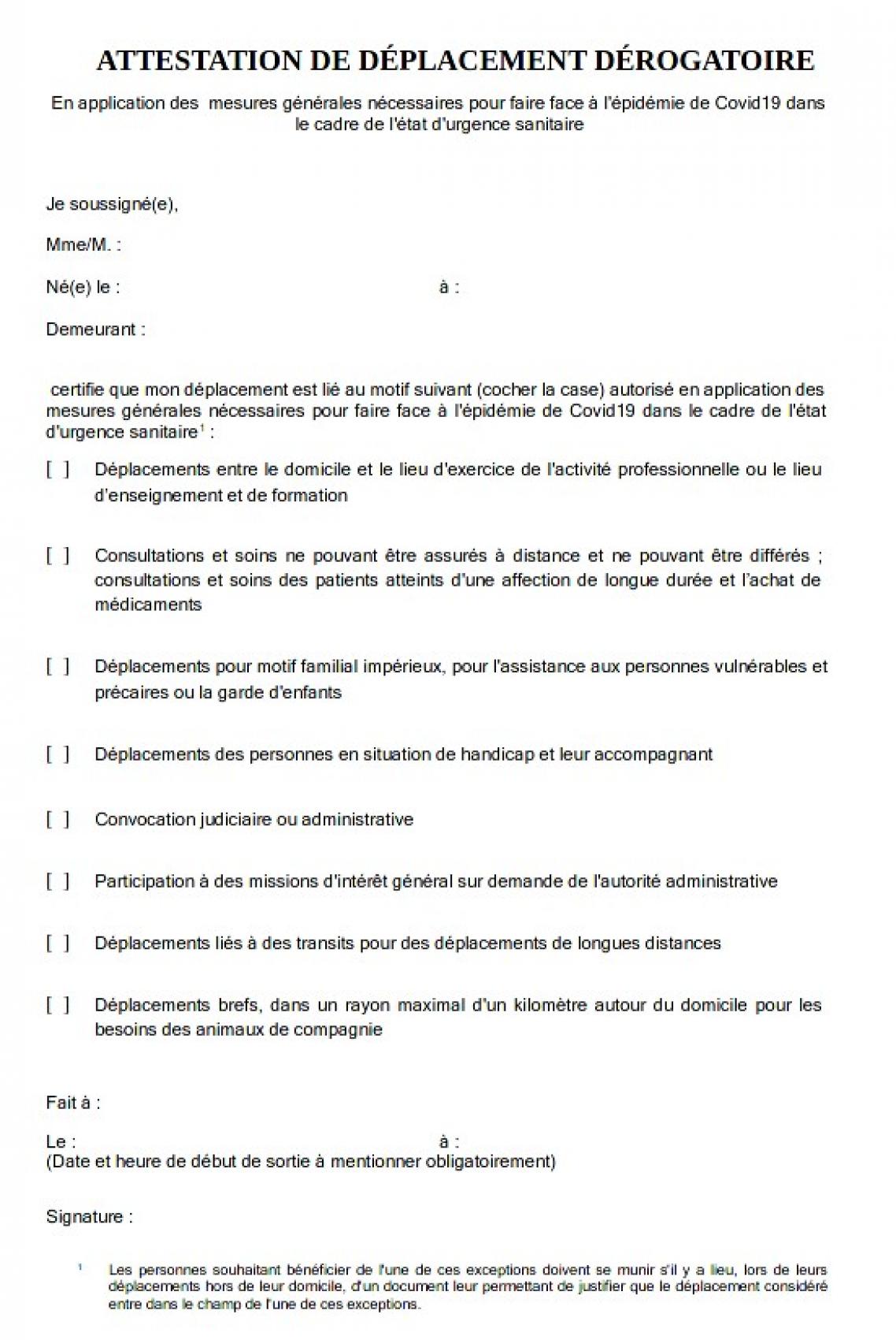 Fouras : Attestation dérogatoire de déplacement pendant le couvre-feu