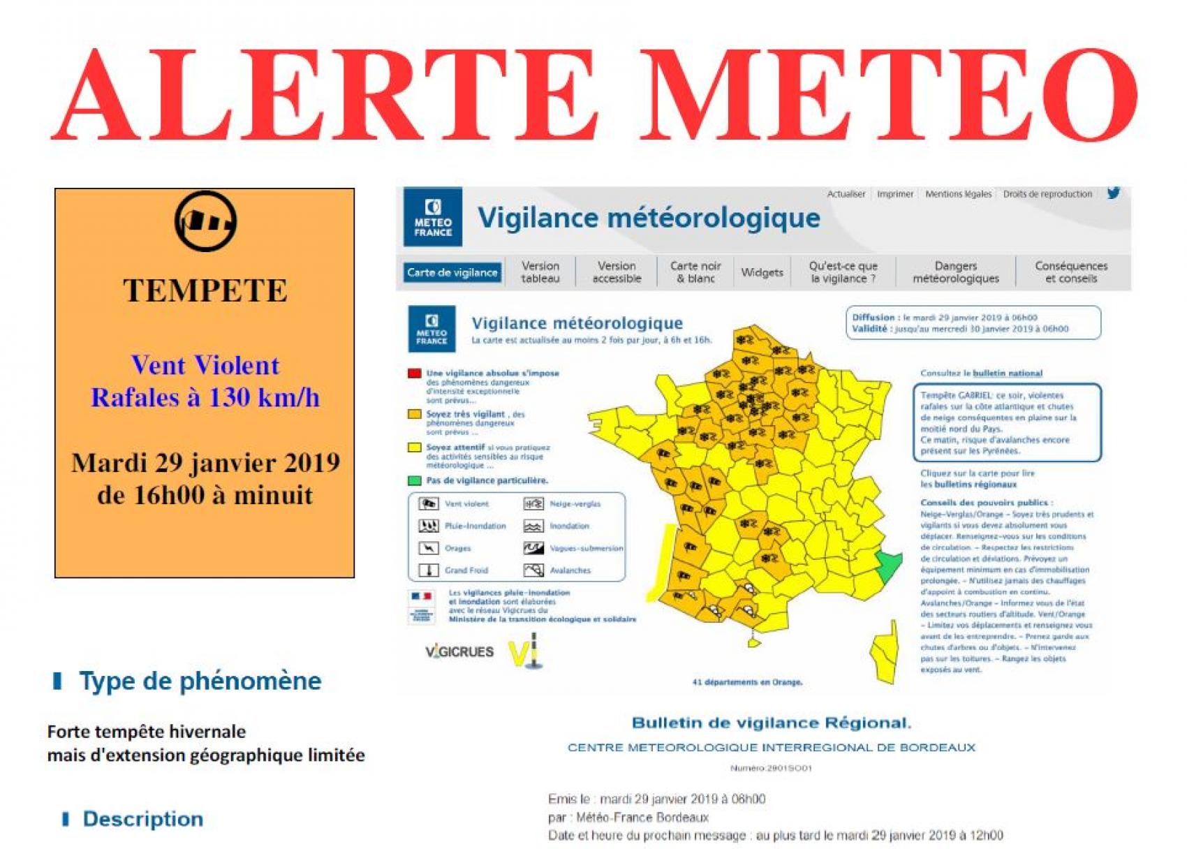 ALERTE MÉTÉO - VIGILANCE ORANGE - TEMPETE - RAFALES DE VENT À 130 KM/H - MARDI 29 JANVIER 2019 - DE 16 H À MINUIT