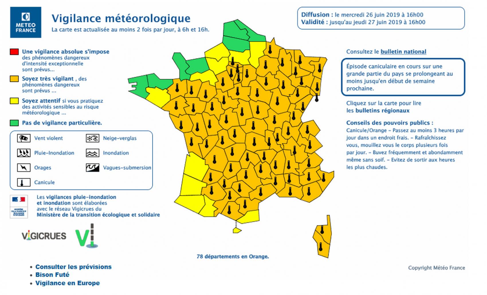 ALERTE METEO - NIVEAU ORANGE - Canicule - Du 26 juin à 16h00 au 28 juin 2019 à 7h00 au plus tôt (Prolongation possible)