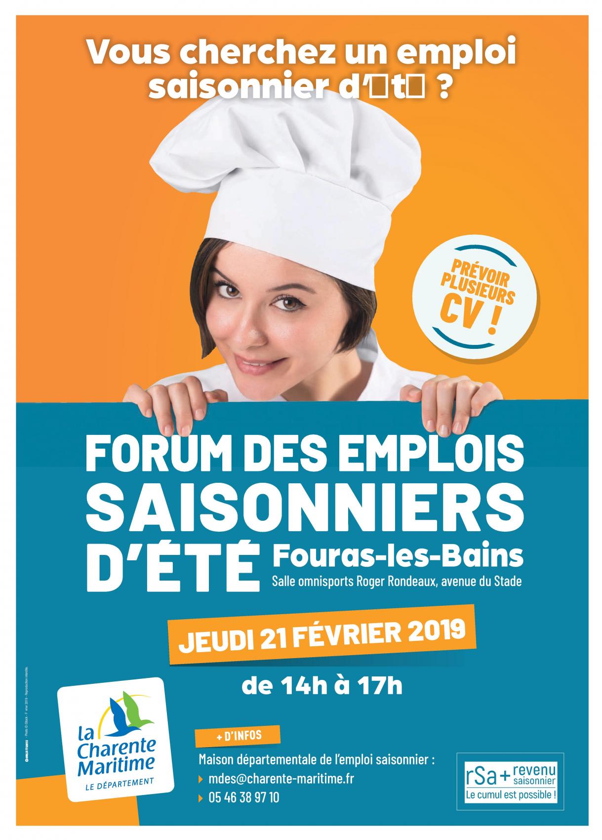 Forum des emplois saisonniers - jeudi 21 février 2019 - de 14 h à 17 h - salle Roger Rondeaux 